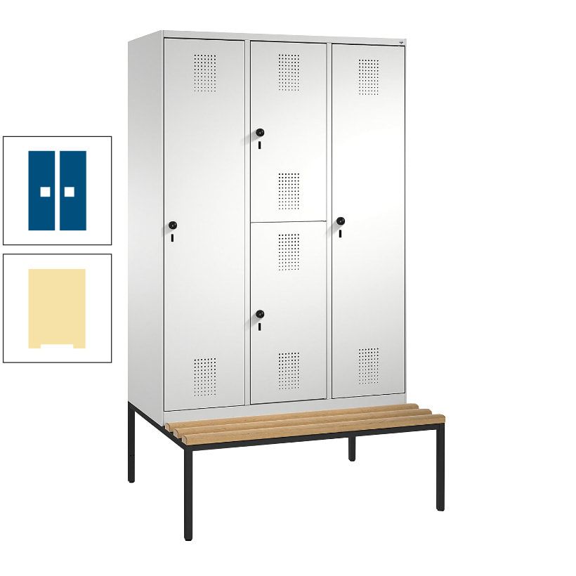 Garderobenschrank, Spind ein- und doppelstöckig Sitzbank, 3 Abteile, 4 Fächer, 2.090x1.200x500 mm (HxBxT), Front anthrazitgrau, Korpus anthrazitgrau