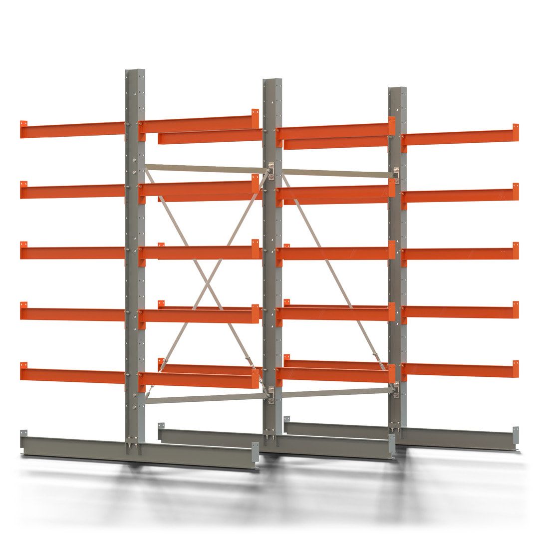 Doppelseitiges Kragarmregal, 2 Felder, 2.500 x 2.560 x 1.120 mm (HxBxT), Nutztiefe 500 mm, Kragarmlast 870 kg, KARL basic, silbergrau/reinorange