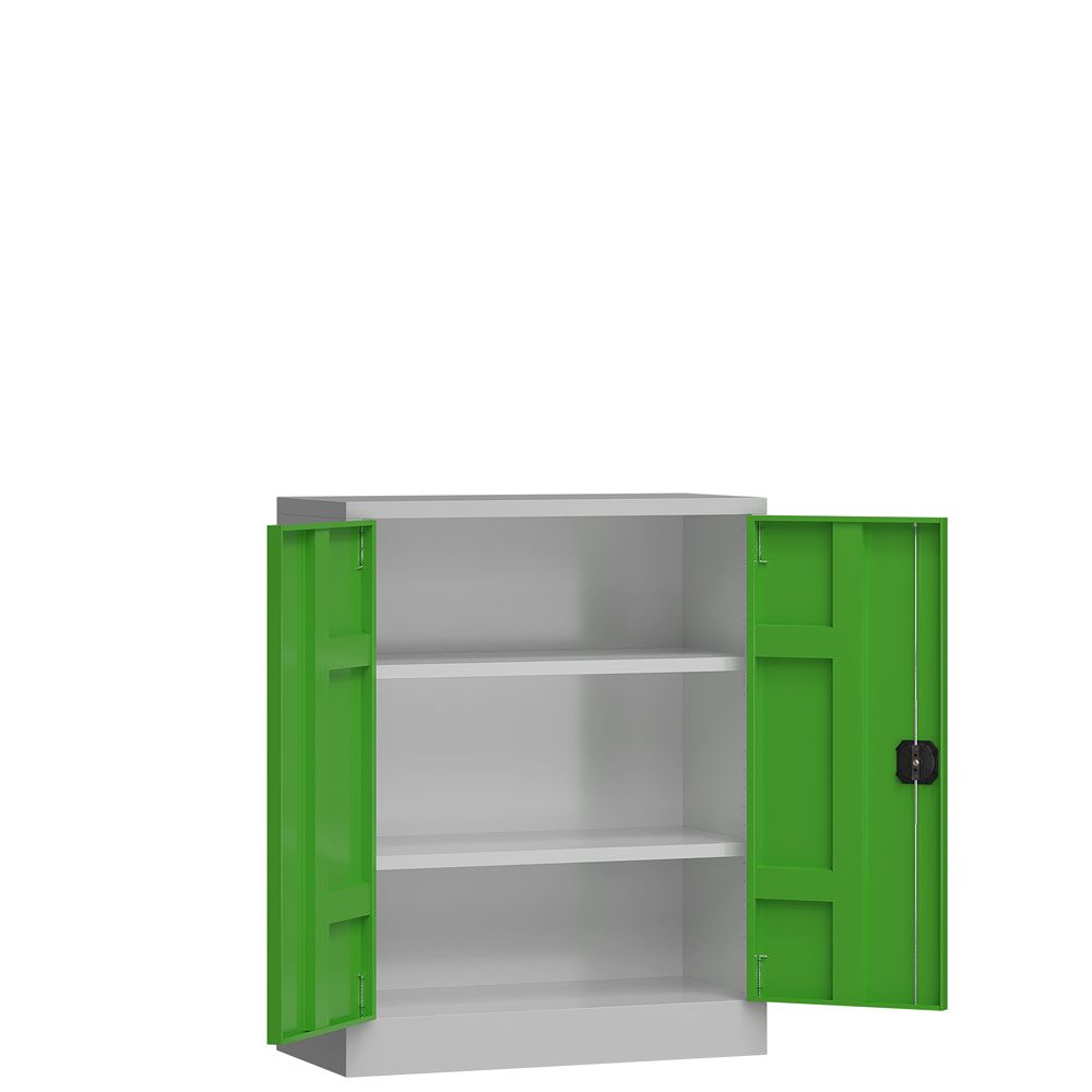 Aktenschrank, Büroschrank, abschließbar, Flügeltüren, 2 Fachböden, 1.200 x 920 x 420 mm (HxBxT), Stahl, Korpus und Türen lichtgrau