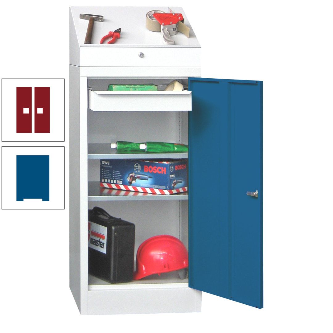 Stehpult mit Schrank - Vollblechtür - 1 Einlegeboden, 1 Ausziehboden, 1 Schublade - 1.270x500x500 mm (HxBxT) - anthrazitgrau