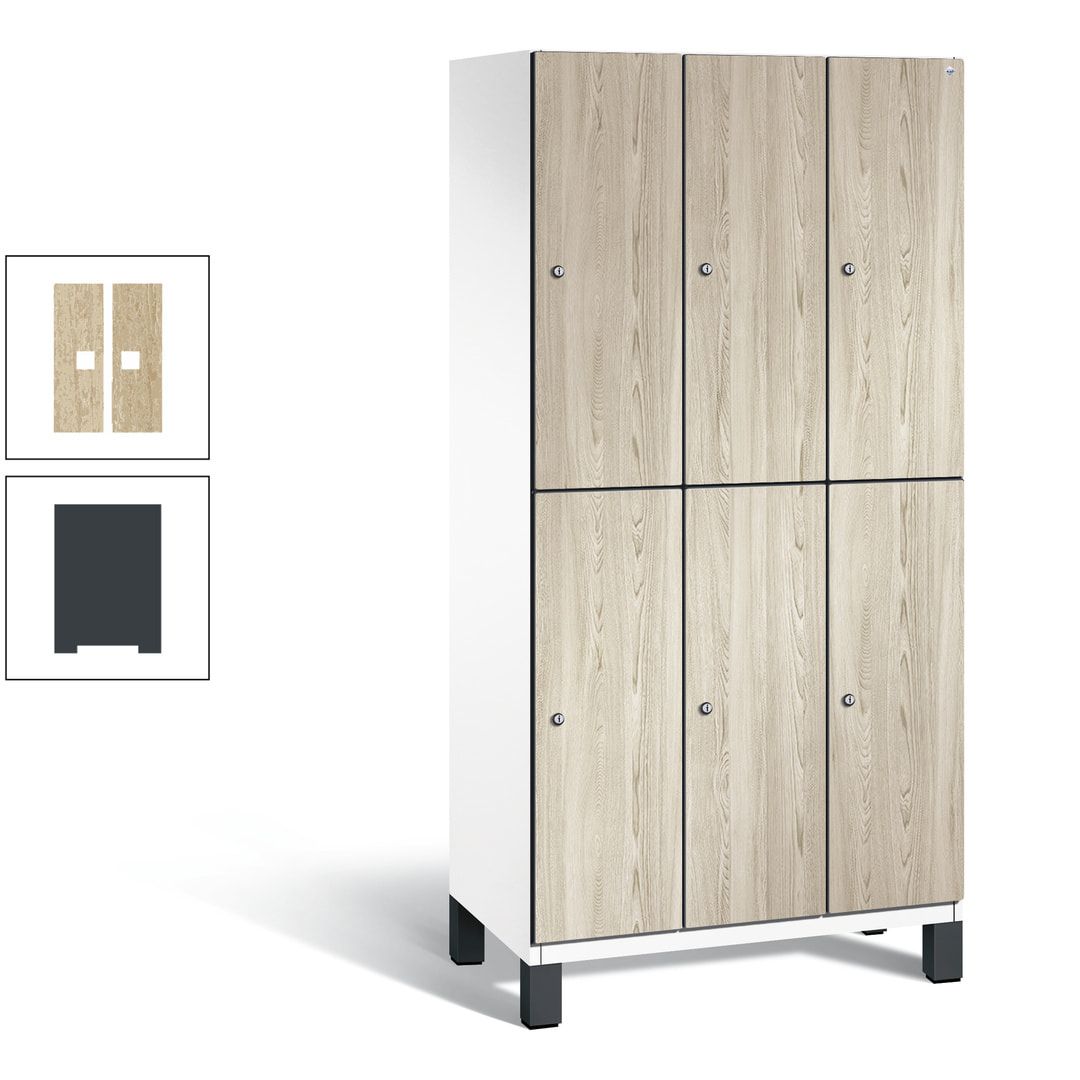 Fächerschrank, Garderobenschrank, mit Füßen, 3 Abteile, 1.980 x 900 x 525 mm (HxBxT), Korpus anthrazitgrau, Tür Donau-Ahorn