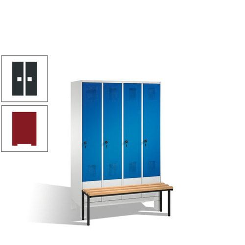 Stahl-Garderobenschrank, Spind, Buche Sitzbank vorgebaut, 4 Abteile a 300 mm, Korpus Lichtgrün, Tür Schwefelgelb, 1.850 x 1.200 x 815 mm (HxBxT)