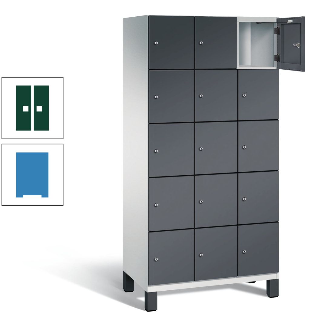 Fächerschrank, Stahlschrank, 15 Fächer, Türöffnungsbegrenzer, Füße, 1.980 x 900 x 525 mm (HxBxT), Korpus anthrazitgrau, Front anthrazitgrau