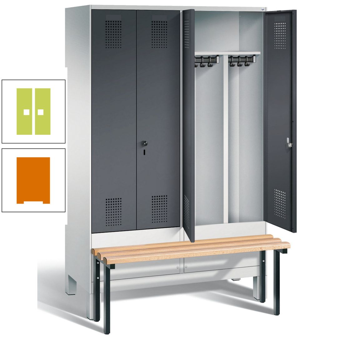 Doppel-Spind, Garderobenschrank, Buche Sitzbank vorgebaut, 4 Abteile a 300 mm, Korpus feuerrot, Tür Wasserblau, 1.850 x 1.200 x 815 mm (HxBxT)