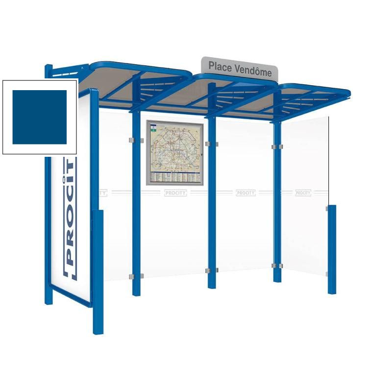 Buswartehalle - Unterstand - Fahrplankasten - Haltestellenschild - Schaukasten - Seitenwand - 2.200 x 3.000 x 1.500 mm (HxBxT) - Farbe enzianblau