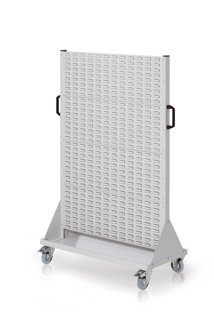 Mobile Stellwand - Schlitzwand für Sichtlagerkästen - beidseitig - mit 108 Kästen bestückt - 1.580 x 1.000 x 500 mm (HxBxT)