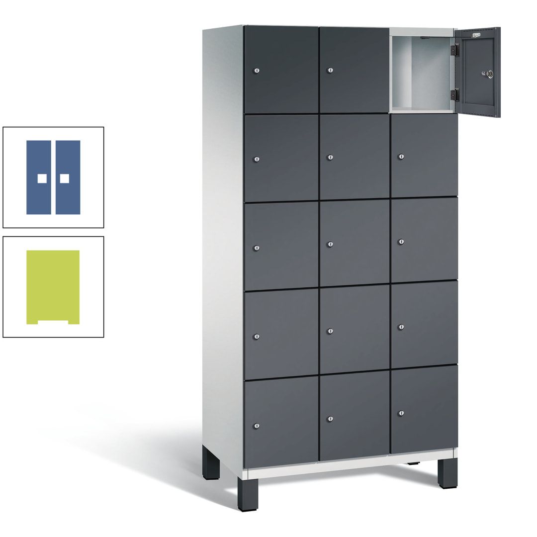 Fächerschrank, Stahlschrank, 15 Fächer, Türöffnungsbegrenzer, Füße, 1.980 x 900 x 525 mm (HxBxT), Korpus anthrazitgrau, Front anthrazitgrau