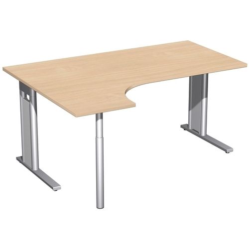 Eckschreibtisch, Ecke links, Füße einseitig verkürzt, C-Fuß Pro, 720 x 1.600 x 1.200 mm (HxBxT), Gestell silber, Dekor Ahorn