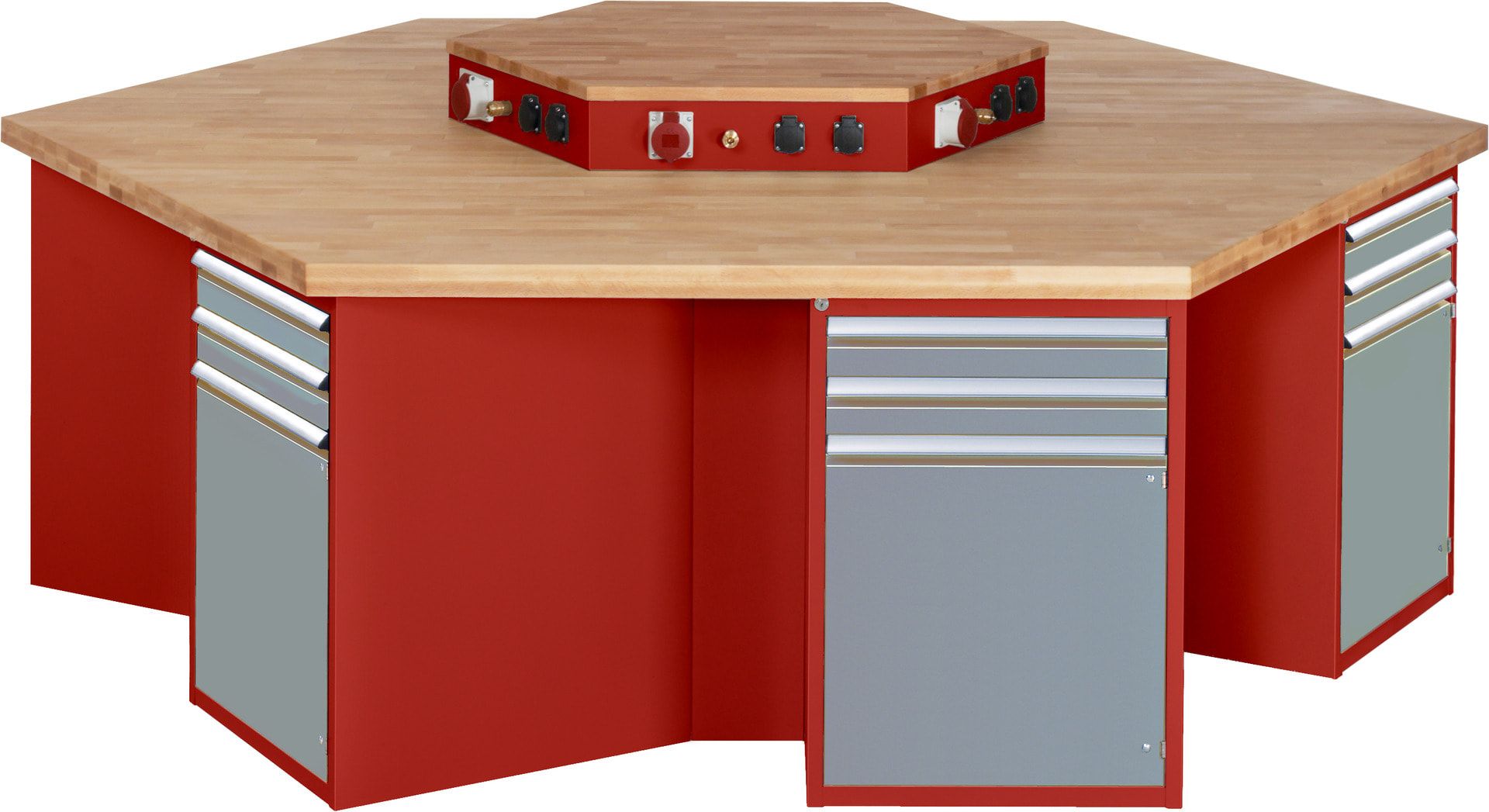 Gruppenwerkbank, Buche, Höhe 840 mm, mit Energieaufsatz, Unterbau-Container, 2 Schubladen, 1 Tür, 1 Boden - Anthrazitgrau