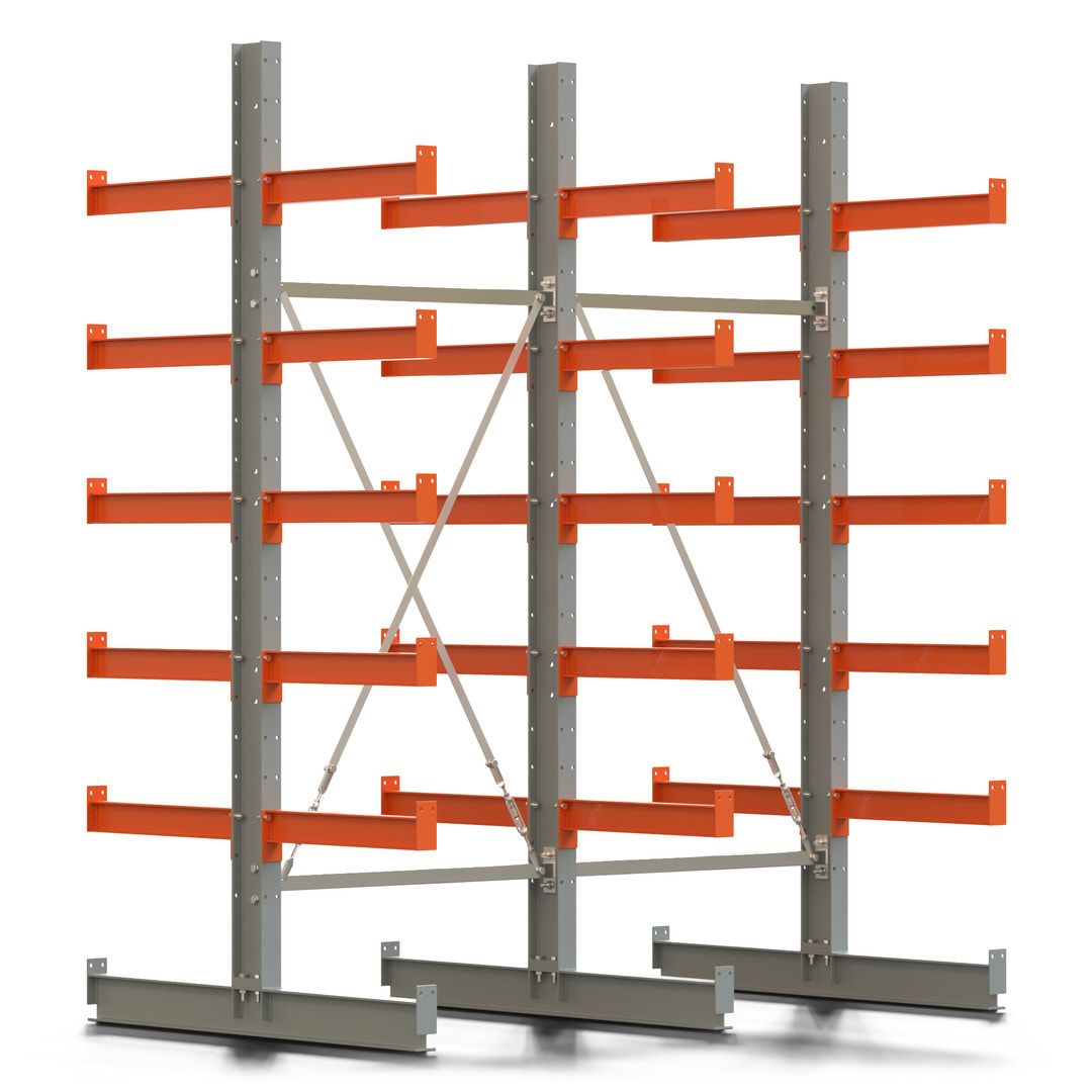 Doppelseitiges Kragarmregal, 2 Felder, 2.500 x 2.000 x 1.120 mm (HxBxT), Nutztiefe 500 mm, Kragarmlast 870 kg, KARL basic, silbergrau/reinorange
