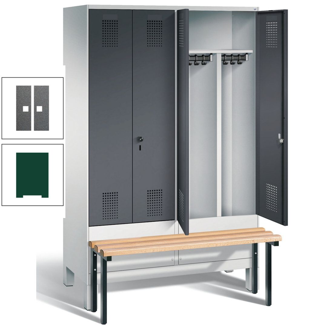 Doppel-Spind, Garderobenschrank, Buche Sitzbank vorgebaut, 4 Abteile a 300 mm, Korpus feuerrot, Tür Wasserblau, 1.850 x 1.200 x 815 mm (HxBxT)