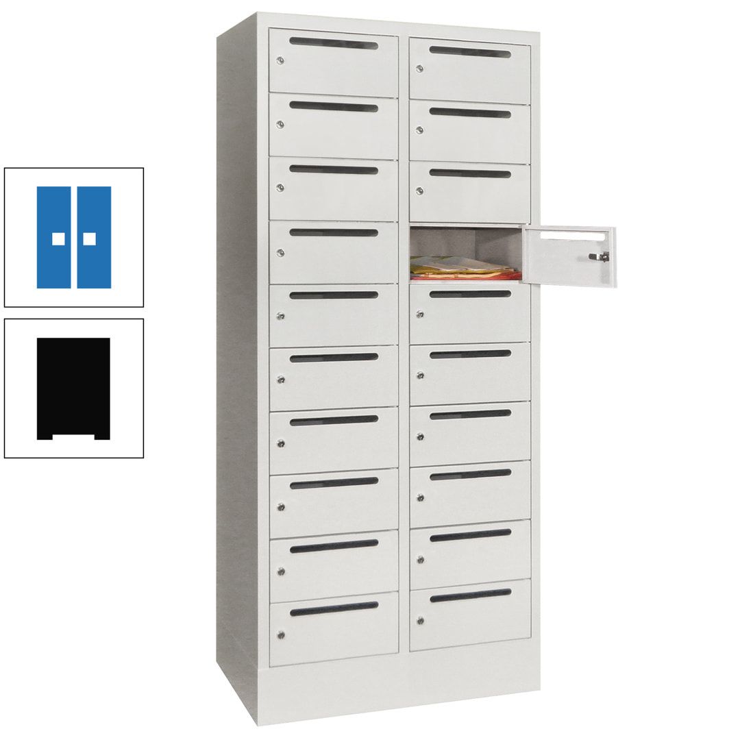 Postverteilerschrank, Schließfachschrank, 2 Abteile a 400 mm, 20 Fächer, 1.850 x 800 x 500 mm (HxBxT), Korpus anthrazitgrau, Front anthrazitgrau