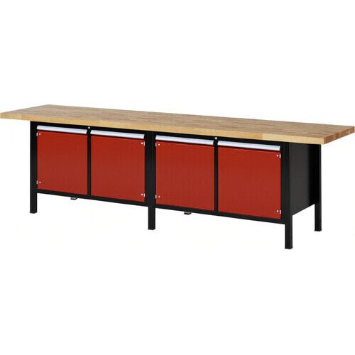 Werkbank mit 4 Schränken - höhenverstellbar 840-1.040 mm - 3.000 x 700 mm (BxT) - Traglast 1.250 kg - Buche - Anthrazitgrau