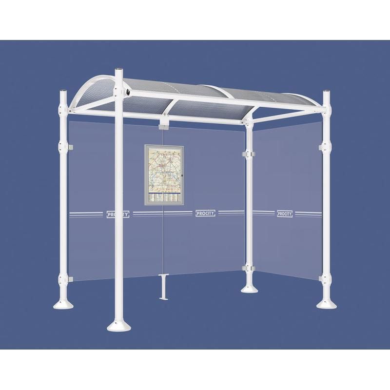 Buswartehalle, Unterstand, 2 Seitenwände, Kopf gebürsteter Edelstahl, ESG, Fahrplanschaukasten, 2.500 x 2.500 x 1.600 mm (HxBxT), Farbe enzianblau