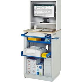 Computer-Arbeitsplatz, Steckdosen Buche-Dekor, Monitorgehäuse, Mausauflage, verschließbare Rollladen, Tastaturtablar - Farbe wählbar