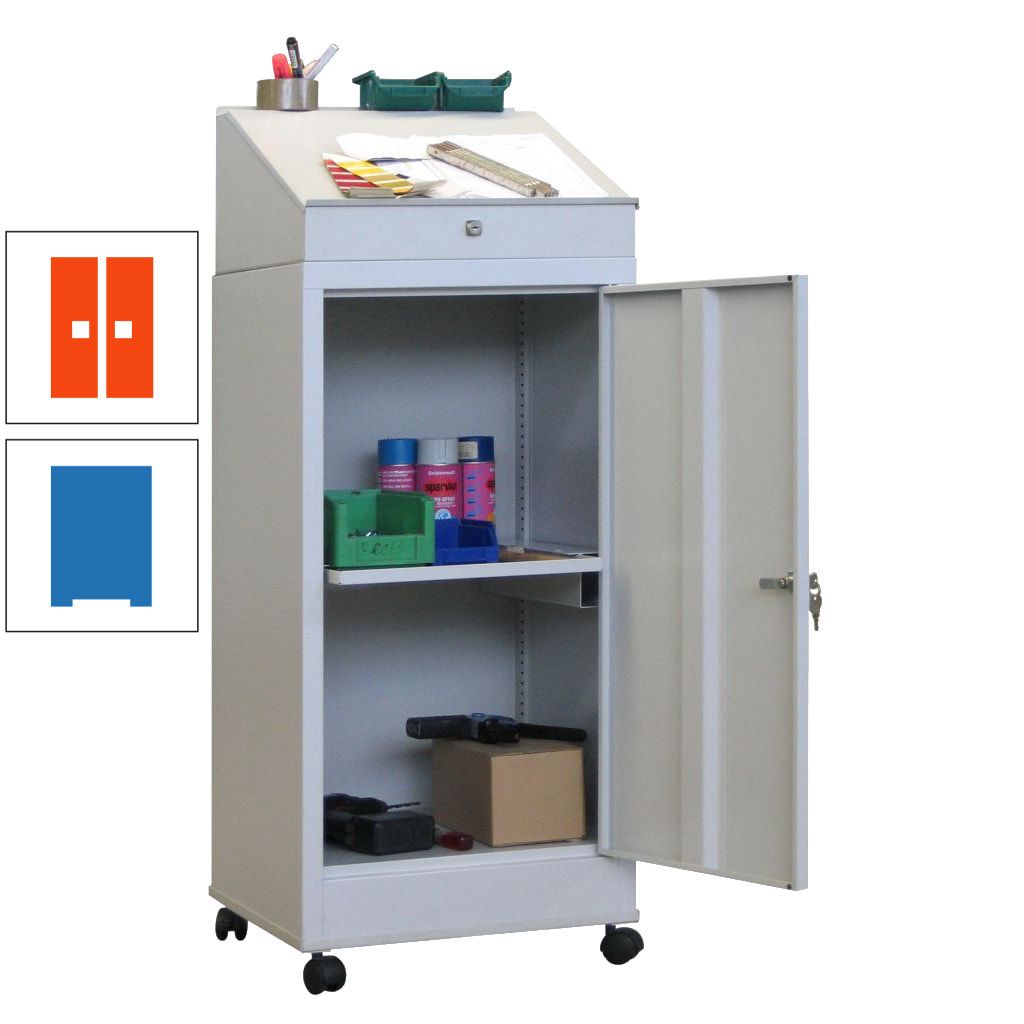 Stehpult, fahrbar - 1 Ausziehboden, 1 Schublade - Vollblechtür - Zylinderschloss - 1.330x500x500 mm (HxBxT) - anthrazitgrau