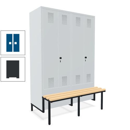 Doppel-Spind, Garderobenschrank, Buche Sitzbank integriert, 4 Abteile 300 mm, Korpus anthrazitgrau, Tür anthrazitgrau, 1.850 x 1.200 x 815 mm (HxBxT)
