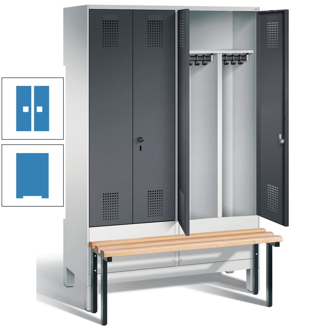 Doppel-Spind, Garderobenschrank, Buche Sitzbank vorgebaut, 4 Abteile a 300 mm, Korpus feuerrot, Tür Wasserblau, 1.850 x 1.200 x 815 mm (HxBxT)