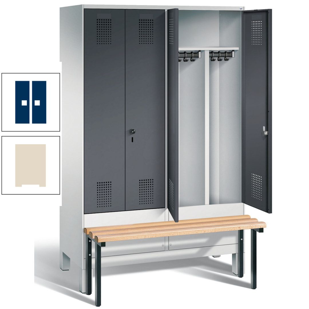 Doppel-Spind, Garderobenschrank, Buche Sitzbank vorgebaut, 4 Abteile a 300 mm, Korpus feuerrot, Tür Wasserblau, 1.850 x 1.200 x 815 mm (HxBxT)
