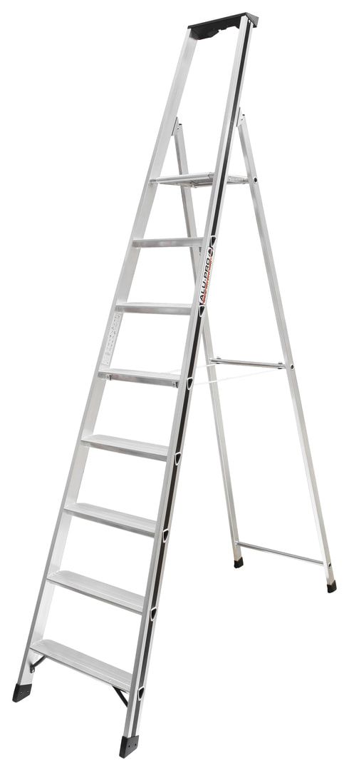Aluminium Stufenstehleiter, Plattform, Rutschhemmung R11, Kunststoffablage, Eimerhaken, 1.390 x 415 mm (LxB), 3 Stufen, 4 kg, Stufentiefe 80 mm, Hymer
