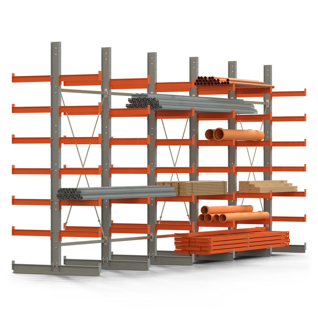 Doppelseitiges Kragarmregal, 2 Felder, 3.000 x 2.560 x 1.120 mm (HxBxT), Nutztiefe 500 mm, Kragarmlast 870 kg, KARL basic, silbergrau/reinorange