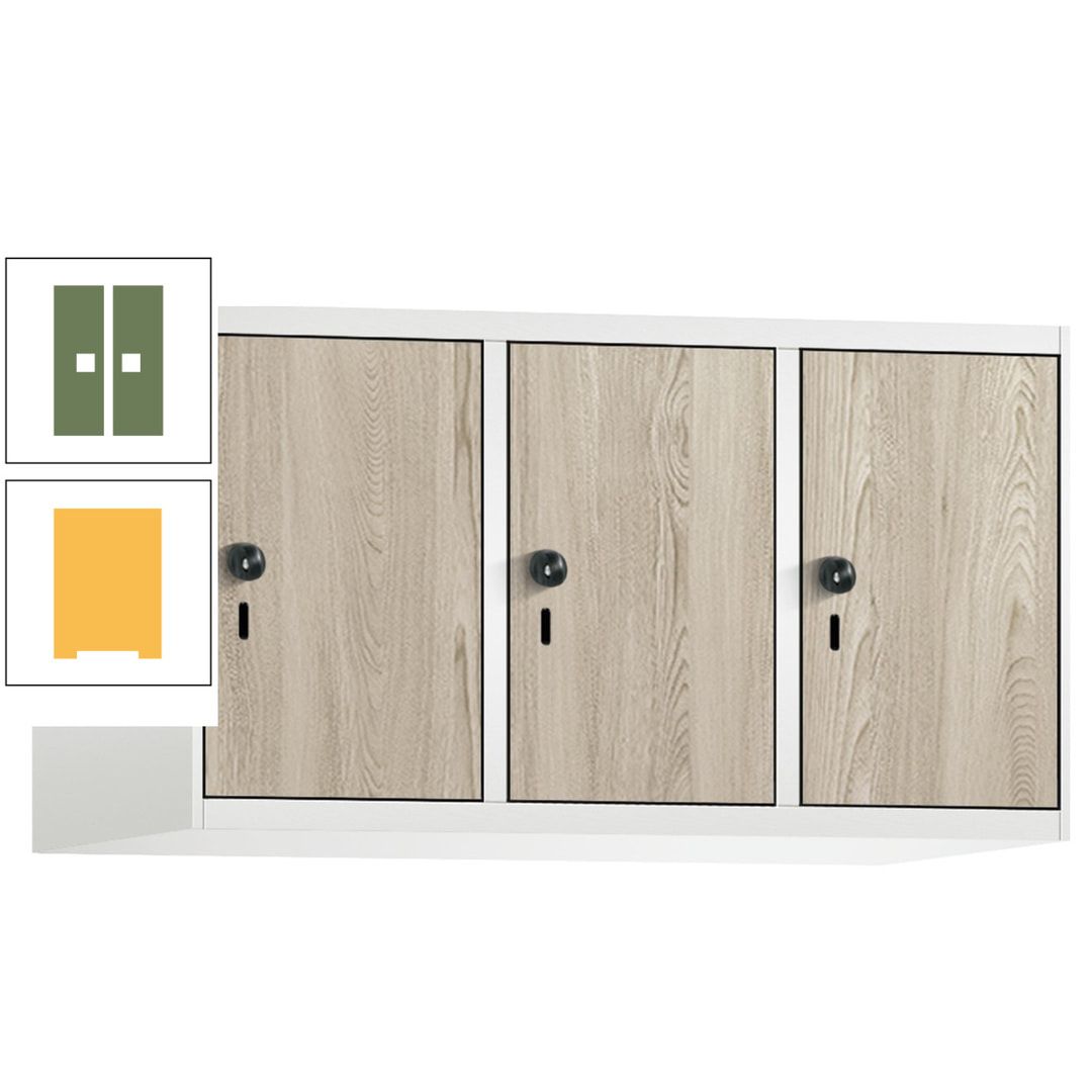 Aufsatzschrank, Schrankaufsatz, 3 Fächer a 300 mm, Farbe Pastellgelb, Tür anthrazitgrau, 500 x 900 x 500 mm (HxBxT)