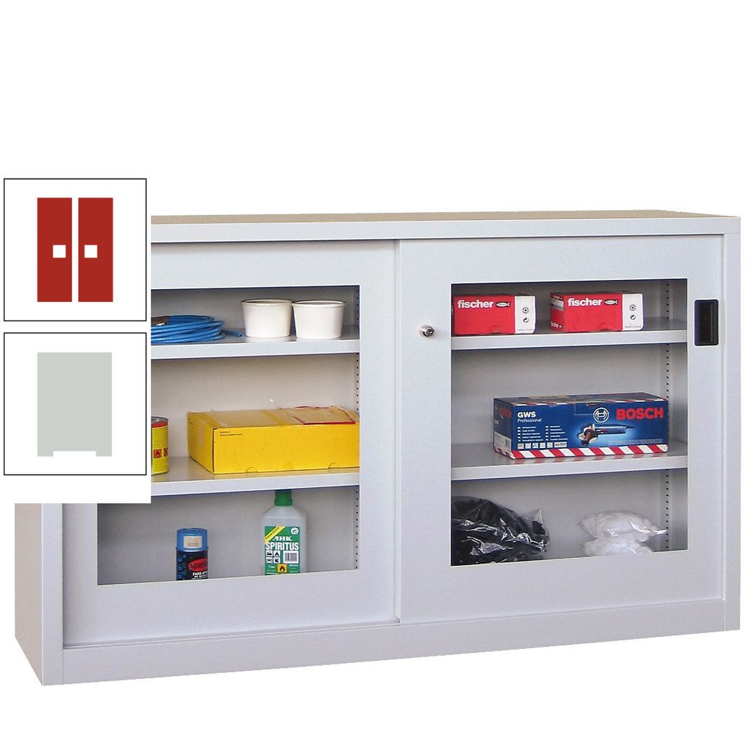Schiebetürenschrank - Sichtfenstertüren - 1.000x1.500x600 mm (HxBxT) - 4 Böden, verzinkt - Zylinderschloss - anthrazitgrau