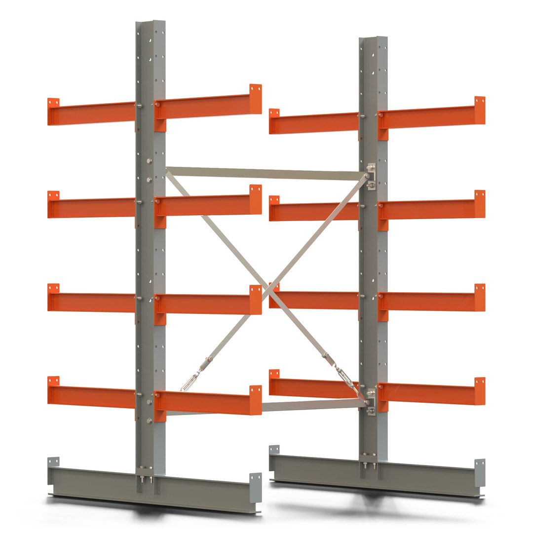 Doppelseitiges Kragarmregal, Anbauregal, 2.000 x 1.280 x 1.120 mm (HxBxT), Nutztiefe 500 mm, Kragarmlast 870 kg, KARL basic, silbergrau/reinorange