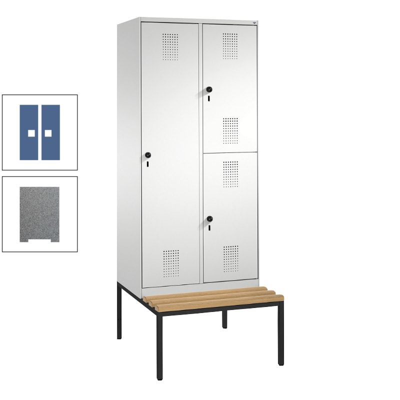 Garderobenschrank, Spind ein- und doppelstöckig Sitzbank, 2 Abteile, 3 Fächer, 2.090 x 800 x 500 mm (HxBxT), Front anthrazitgrau, Korpus anthrazitgrau