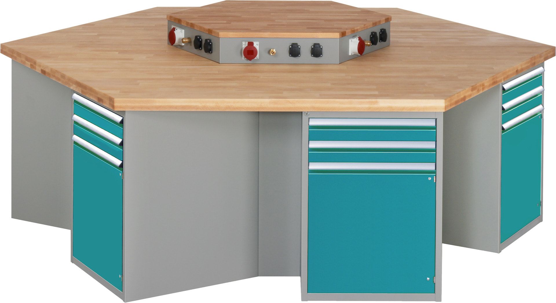 Gruppenwerkbank, Buche, Höhe 840 mm, mit Energieaufsatz, Unterbau-Container, 2 Schubladen, 1 Tür, 1 Boden - Anthrazitgrau