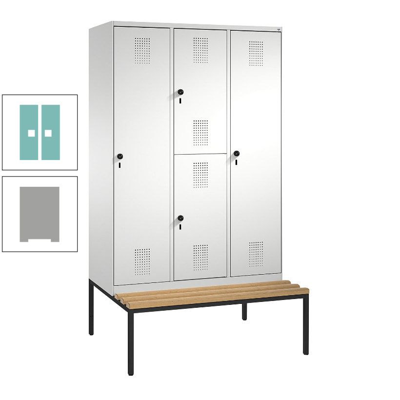 Garderobenschrank, Spind ein- und doppelstöckig Sitzbank, 3 Abteile, 4 Fächer, 2.090x1.200x500 mm (HxBxT), Front anthrazitgrau, Korpus anthrazitgrau