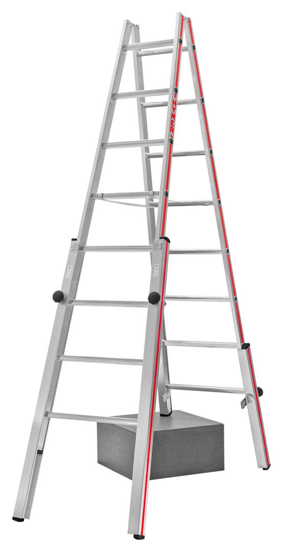 Aluminium-Treppenstehleiter - beidseitig begehbar - stufenlos verstellbare Fußverlängerungen - Länge 1.470 - Breite oben/unten 340/505 - Aluleiter