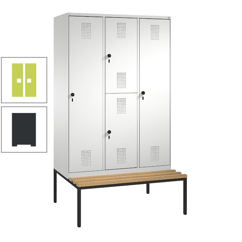 Garderobenschrank, Spind ein- und doppelstöckig Sitzbank, 3 Abteile, 4 Fächer, 2.090x1.200x500 mm (HxBxT), Front anthrazitgrau, Korpus anthrazitgrau