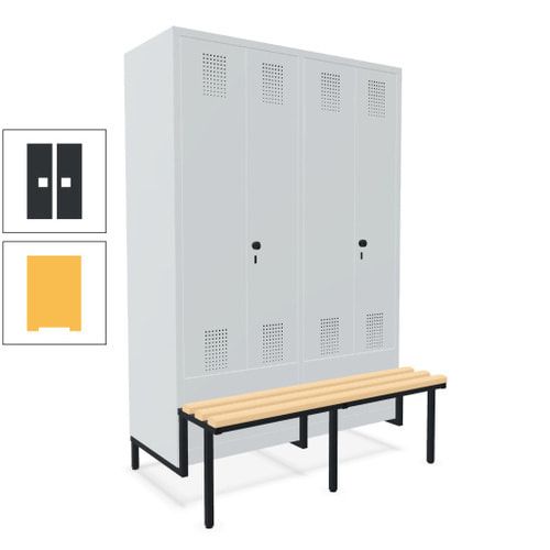 Doppel-Spind, Garderobenschrank, Buche Sitzbank integriert, 4 Abteile 300 mm, Korpus anthrazitgrau, Tür anthrazitgrau, 1.850 x 1.200 x 815 mm (HxBxT)