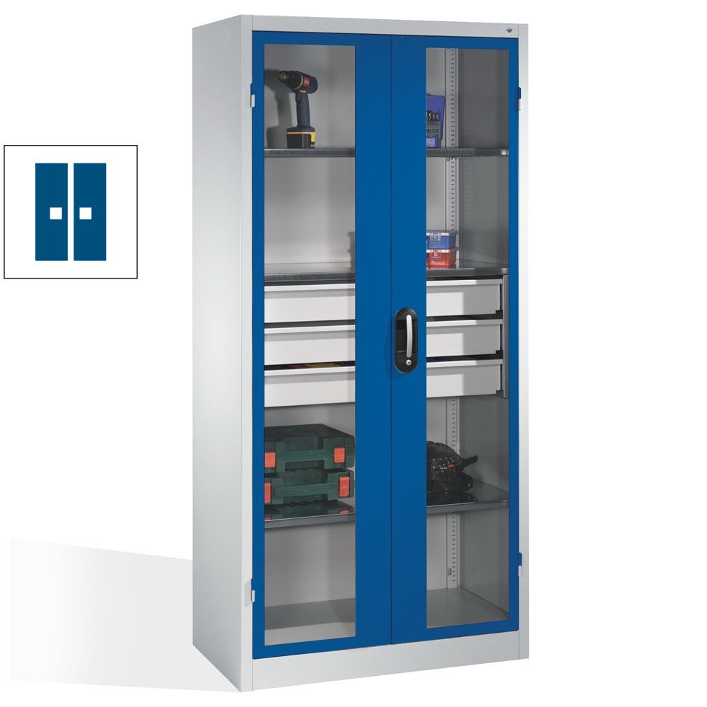 C+P Großraum Werkzeugschrank mit Sichtfenstertüren, 3 Fachböden, 3 Schubladen mittig, Farbe lichtgrau, 1.950 x 930 x 500 (HxBxT)