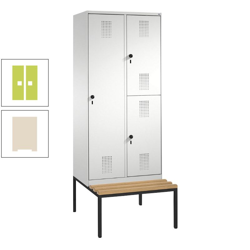 Garderobenschrank, Spind ein- und doppelstöckig Sitzbank, 2 Abteile, 3 Fächer, 2.090 x 800 x 500 mm (HxBxT), Front anthrazitgrau, Korpus anthrazitgrau