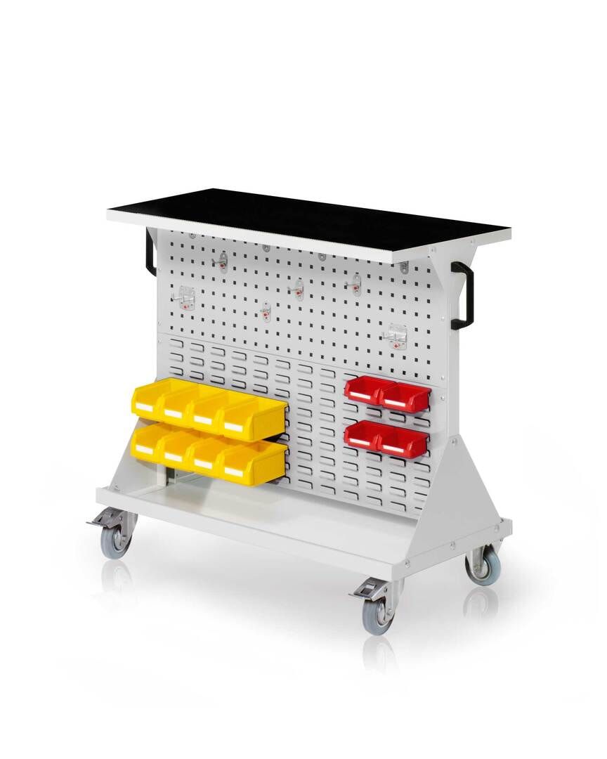Mobiler Rollwagen, 2 Loch- und 2 Schlitzplatten, 10 Halter, 12 Sichtlagerkästen, Ablage mit Gummi, 930 x 1.000 x 500 mm (HxBxT), Anthrazitgrau