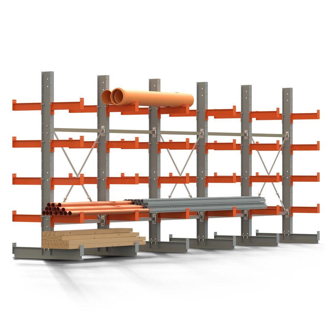 Doppelseitiges Kragarmregal, 2 Felder, 2.000 x 2.000 x 1.120 mm (HxBxT), Nutztiefe 500 mm, Kragarmlast 870 kg, KARL basic, silbergrau/reinorange