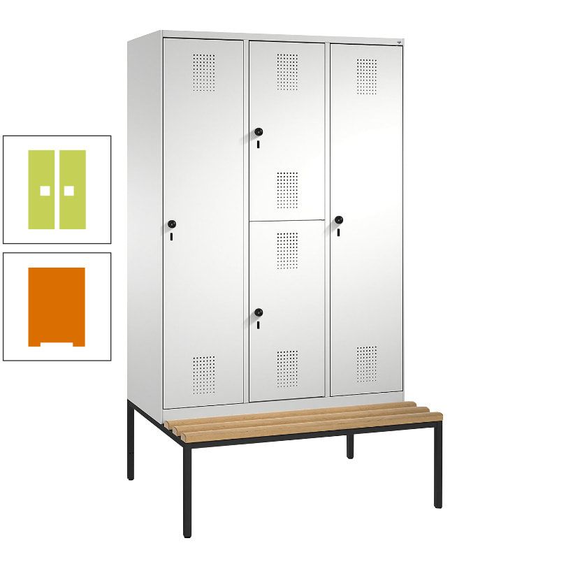Garderobenschrank, Spind ein- und doppelstöckig Sitzbank, 3 Abteile, 4 Fächer, 2.090x1.200x500 mm (HxBxT), Front anthrazitgrau, Korpus anthrazitgrau