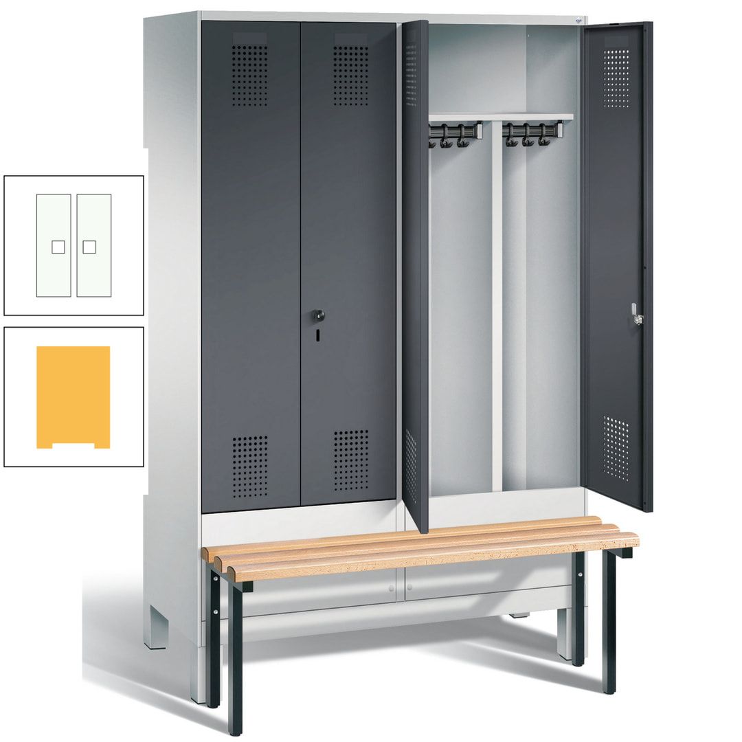 Doppel-Spind, Garderobenschrank, Buche Sitzbank vorgebaut, 4 Abteile a 300 mm, Korpus feuerrot, Tür Wasserblau, 1.850 x 1.200 x 815 mm (HxBxT)