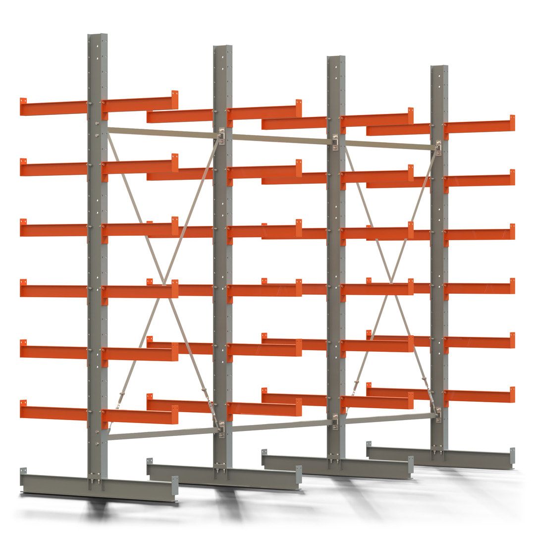 Doppelseitiges Kragarmregal, 2 Felder, 3.000 x 2.560 x 1.120 mm (HxBxT), Nutztiefe 500 mm, Kragarmlast 870 kg, KARL basic, silbergrau/reinorange