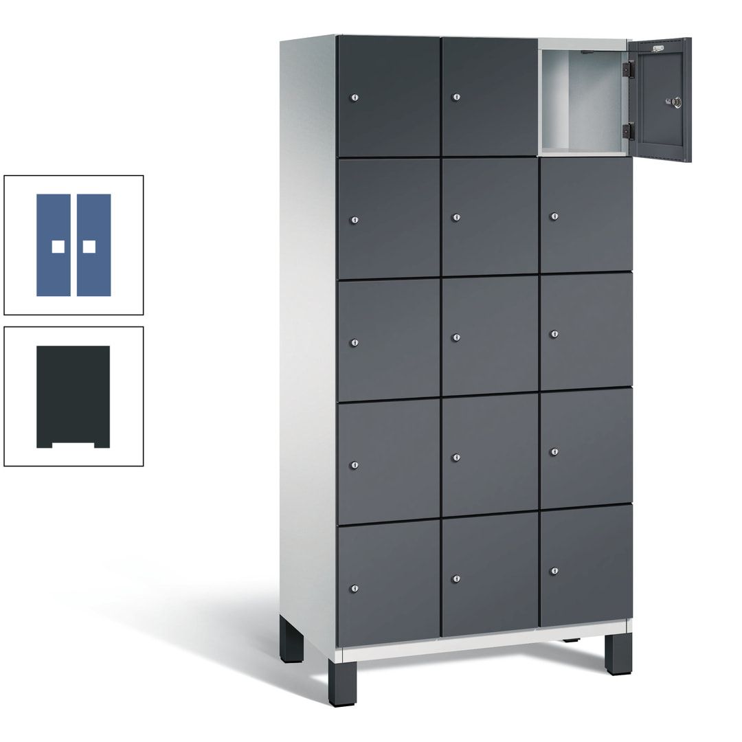 Fächerschrank, Stahlschrank, 15 Fächer, Türöffnungsbegrenzer, Füße, 1.980 x 900 x 525 mm (HxBxT), Korpus anthrazitgrau, Front anthrazitgrau