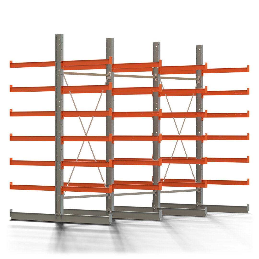 Doppelseitiges Kragarmregal, 2 Felder, 3.000 x 2.560 x 1.120 mm (HxBxT), Nutztiefe 500 mm, Kragarmlast 870 kg, KARL basic, silbergrau/reinorange