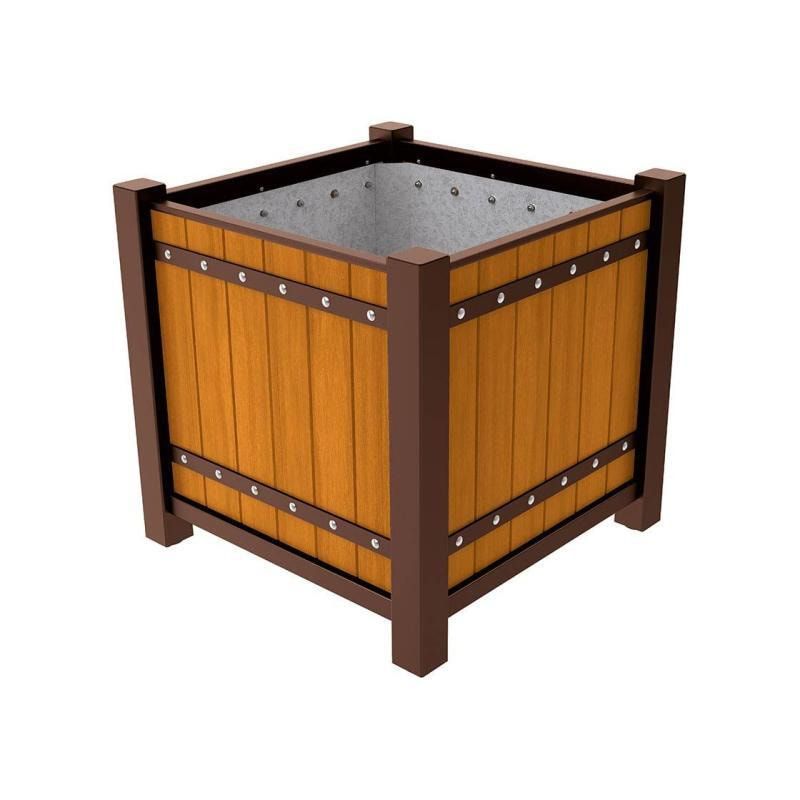 Pflanzbehälter, Pflanzgefäß, verzinkt, Eichenholzverkleidung, innen feuerverzinkt mit Verladungsgriffen, 960 x 1.060 x 1.060 mm (HxBxT), enzianblau