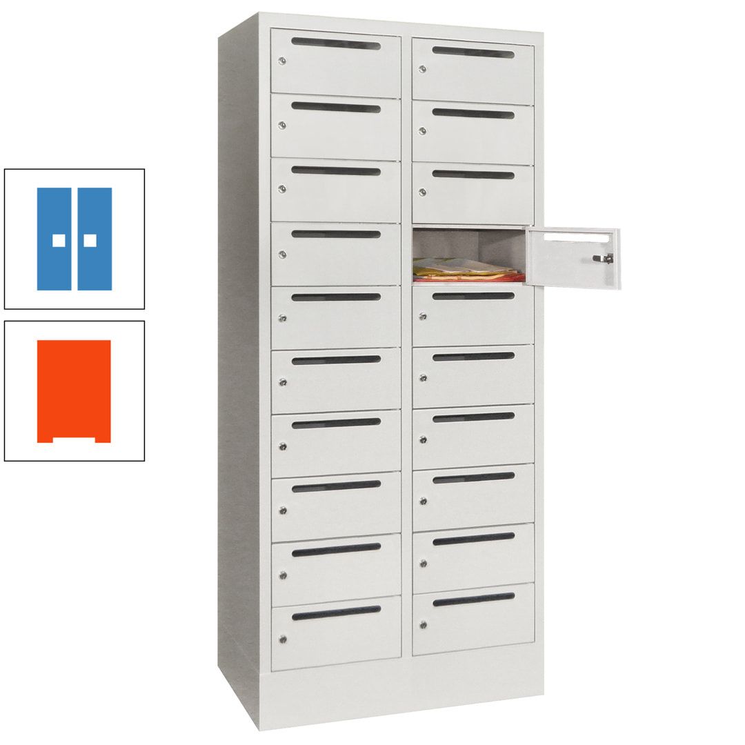 Postverteilerschrank, Schließfachschrank, 2 Abteile a 400 mm, 20 Fächer, 1.850 x 800 x 500 mm (HxBxT), Korpus anthrazitgrau, Front anthrazitgrau