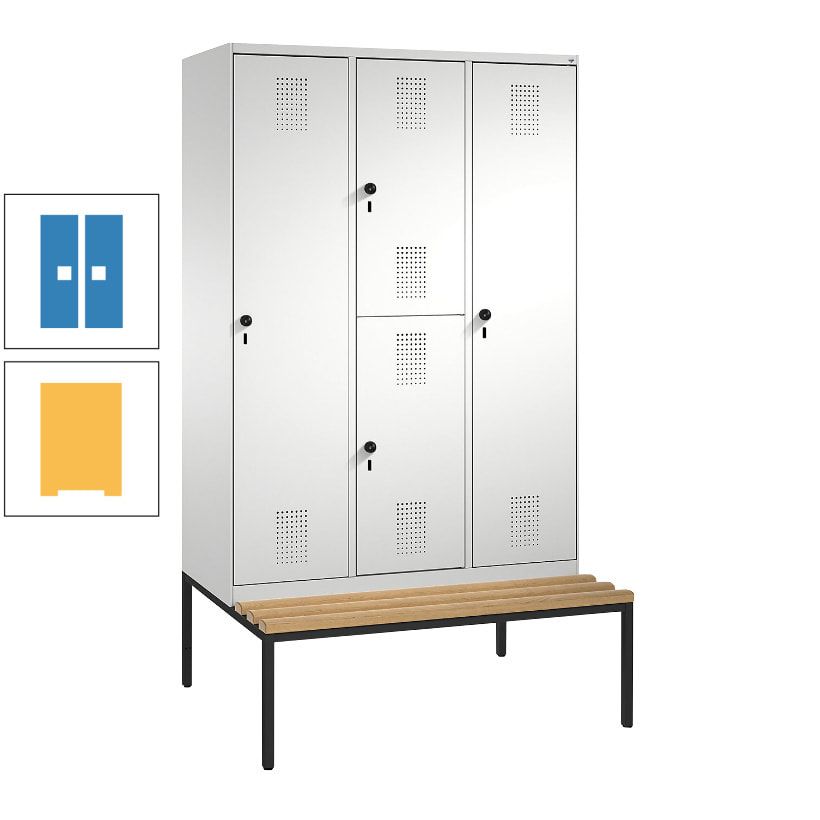 Garderobenschrank, Spind ein- und doppelstöckig Sitzbank, 3 Abteile, 4 Fächer, 2.090x1.200x500 mm (HxBxT), Front anthrazitgrau, Korpus anthrazitgrau