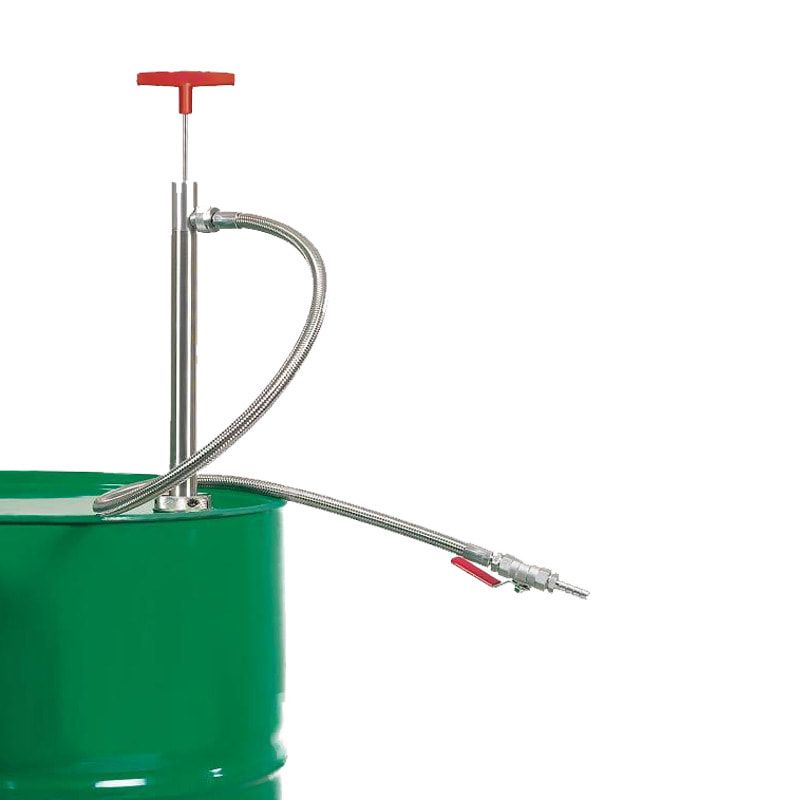 Edelstahl Fasspumpe mit Auslaufschlauch und Hahn - Tauchtiefe 360 mm - Dichtung PTFE, elektrisch leitfähig - für Fässer und Tanks