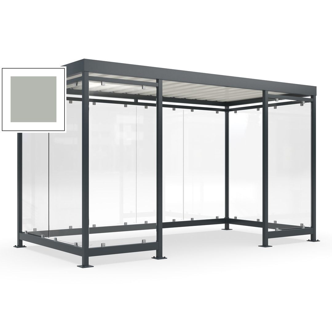 Fahrgastunterstand, Raucherunterstand, fertig montiert, Aufdübeln, 12-13 Personen, 2.510 x 4.195 x 2.165 mm (HxBxT), 10 Wände, Achatgrau