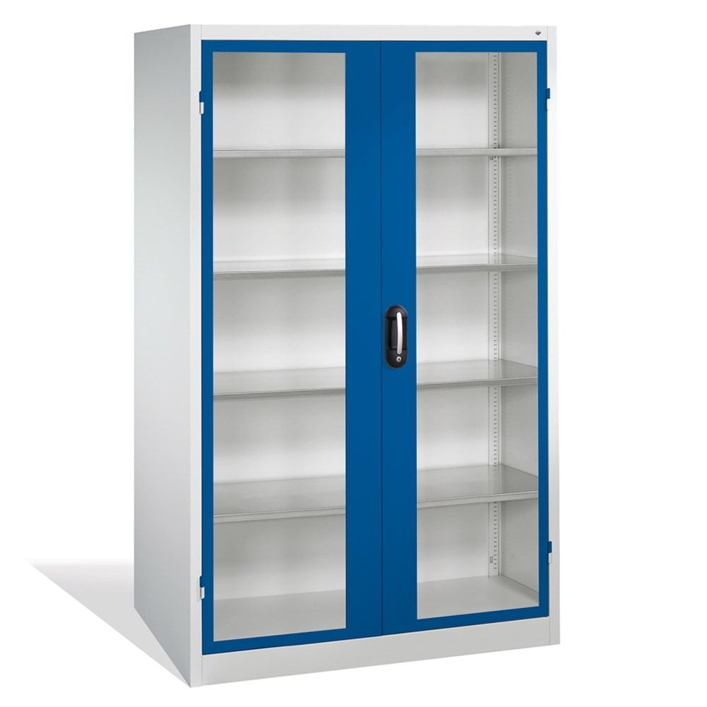 C+P Großraum Werkzeugschrank, Materiallager, Stahlschrank mit Sichtfenstertüren, 4 Fachböden, Farbe lichtgrau, 1.950 x 1.200 x 500 (HxBxT)
