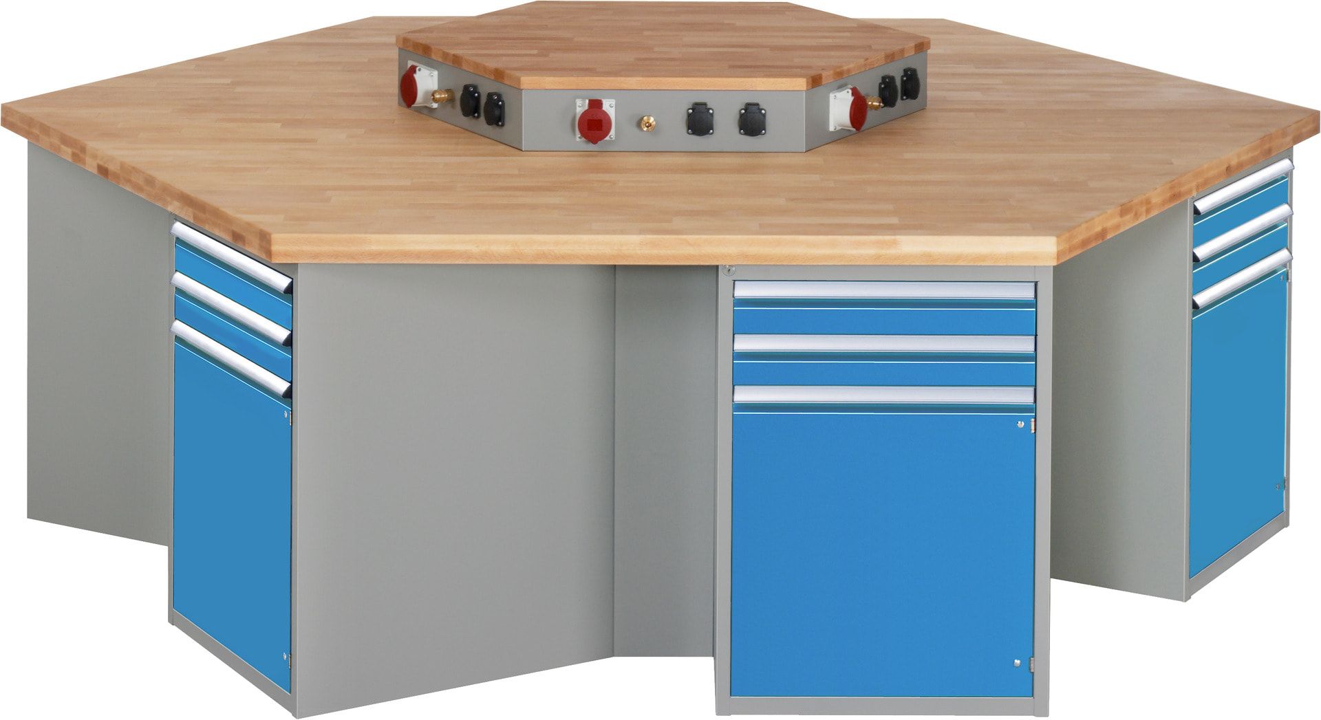 Gruppenwerkbank, Buche, Höhe 840 mm, mit Energieaufsatz, Unterbau-Container, 2 Schubladen, 1 Tür, 1 Boden - Anthrazitgrau